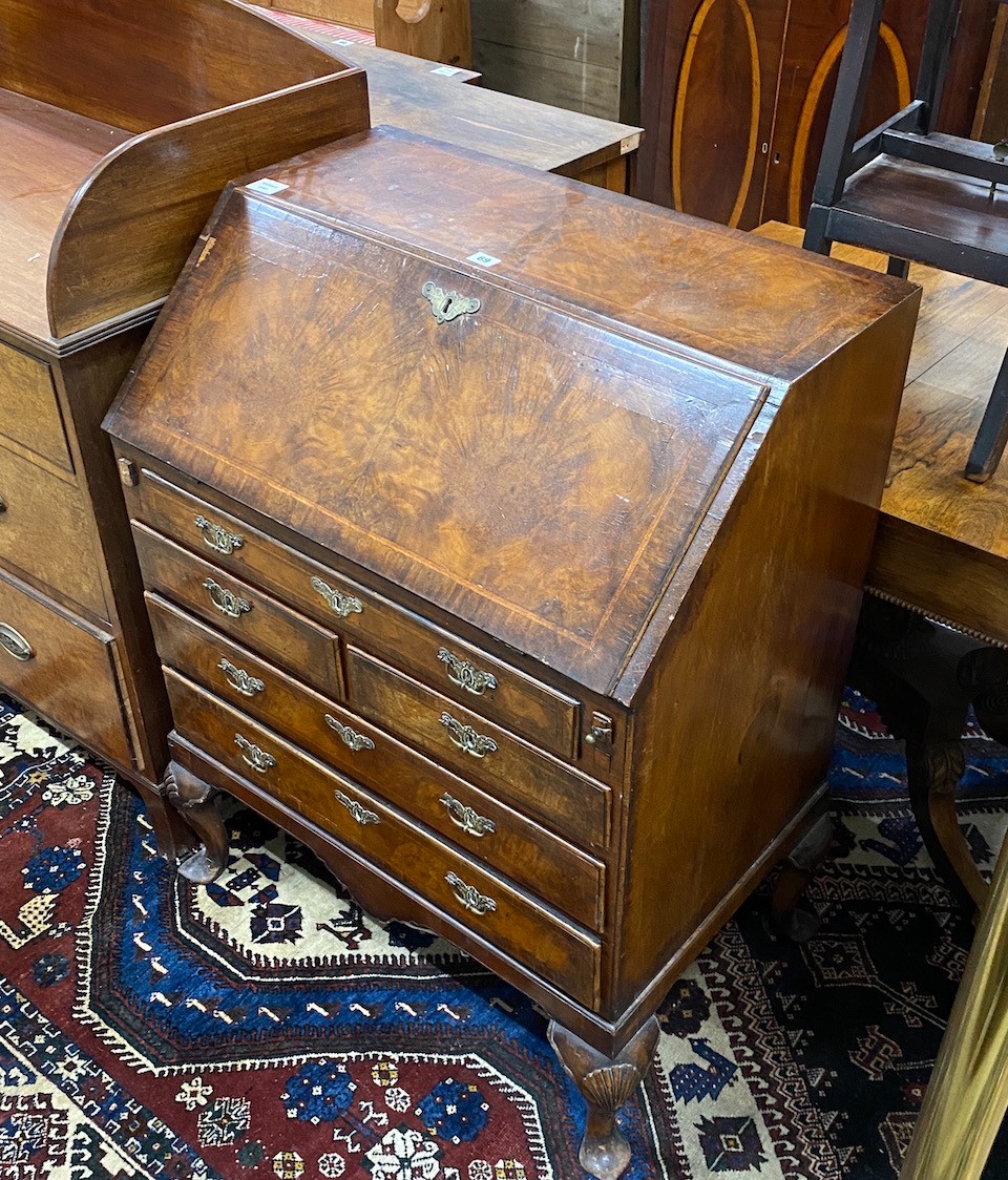 A Queen Anne revival feather banded walnut bureau, width 76cm, depth 50cm, height 101cm